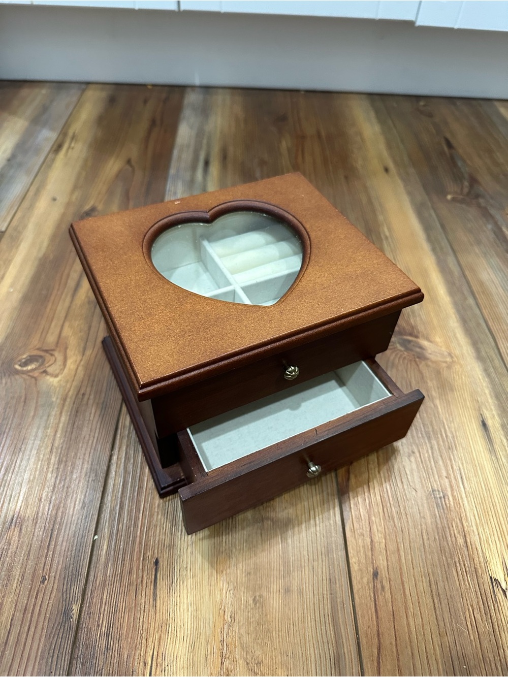 Vintage Wood Jewelry Box Heart Cut Glass Top Hinged Lid w/ Drawer